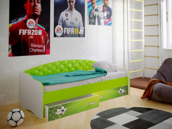 Кровать Софа-8 с мягкой спинкой фотопечать Футбол (900х1900) Белый/Лайм в Вагайцево - vagajcevo.mebel54.com | фото