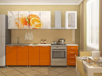 Кухонный гарнитур 1,6м Апельсин (Белый/Оранжевый металлик/Фотопечать апельсин) в Вагайцево - vagajcevo.mebel54.com | фото